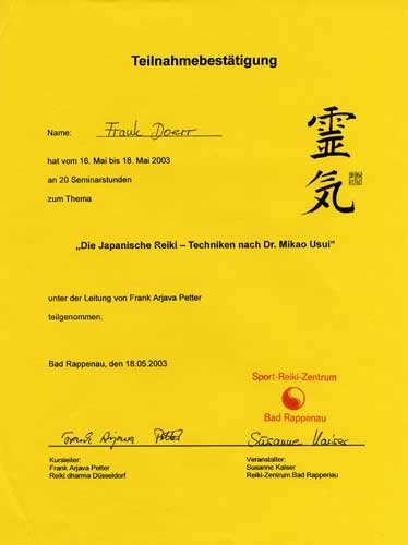 Japanische Reiki-Techniken Urkunde