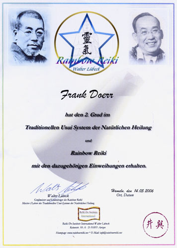 Rainbow Reiki 2 bei Walter Lübeck Urkunde